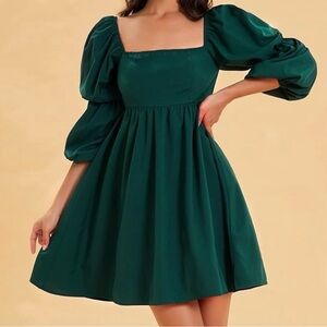 EXLURA Square Neck Dress Long Puff Sleeve A-line Short Mini Dress, Dark Green, L